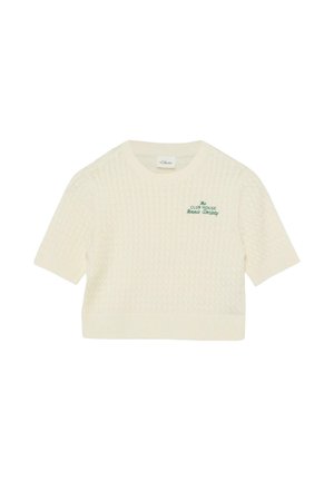 Crèmekleurige gebreide trui met korte mouwen, kabelpatroon en groene geborduurde tekst "The Club House Tennis Society" op de borst.