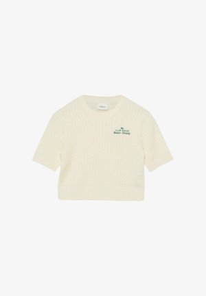 Cremefarbener Strickpullover mit kurzen Ärmeln, Zopfmuster und grün gesticktem Text "The Club House Tennis Society" auf der Brust.