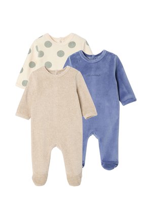 Drei langärmlige Baby-Body in Beige, Blau und Creme mit grauen Punkten, alle aus weichem Stoff mit Fußteil.