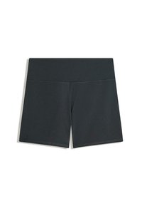 Svarta träningsshorts med en slät textur, bred midja och rena linjer. Tyget är flexibelt och passar för aktivt användande.
