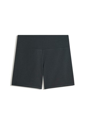 Čierne športové šortky s hladkým povrchom, širokým pásom a čistými líniami. Tkanina je flexibilná, vhodná na aktívne nosenie.