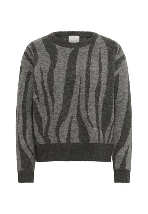 Grey and dark charcoal long-sleeve sweater with an abstract stripe pattern and ribbed cuffs and hem.