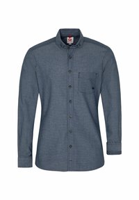 Donkerblauwe denimshirt met lange mouwen, met een button-down kraag, borstzak en contrasterende gestreepte manchetten. Textuurstof met knopen.
