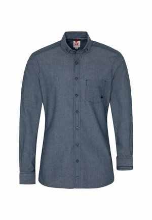 Chemise en denim à manches longues de couleur bleu foncé, dotée d'un col boutonné, d'une poche poitrine et de poignets rayés contrastants. Tissu texturé avec des boutons.
