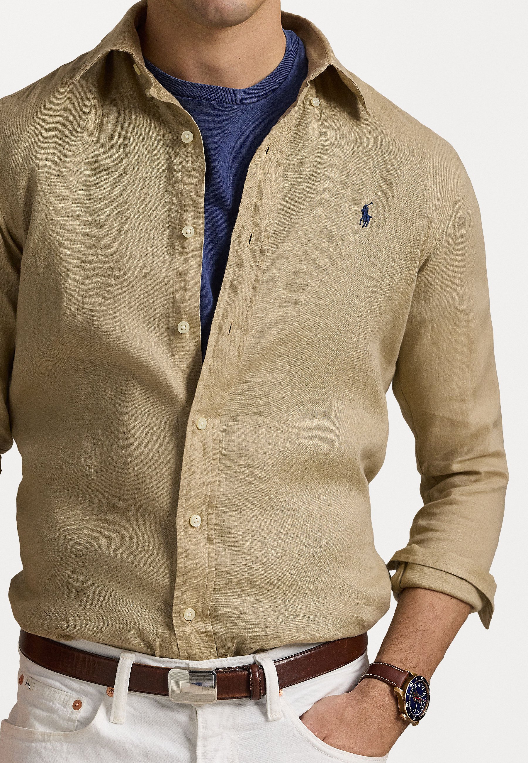 トップス Polo linen shirts - beige Aurélien | Beige Linen Polo Shirt