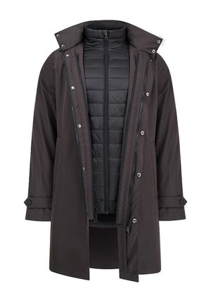 Wodoodporna brązowa kurtka z zapięciem na napy, z odpinaną czarną ocieplaną podszewką i regulowanymi mankietami.