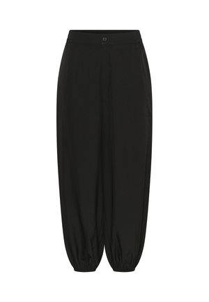 Pantaloni negri, largi, cu manșete elastice, închidere cu nasturi și talie netedă.