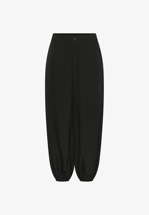 Czarne luźne spodnie z elastycznymi mankietami, zapięciem na guziki oraz gładkim paskiem w talii.