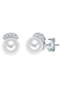 Perlo auskarai su sidabro akcentais ir mažais rhinestones; perlai yra apvalūs ir blizgūs, su lygiu paviršiumi.