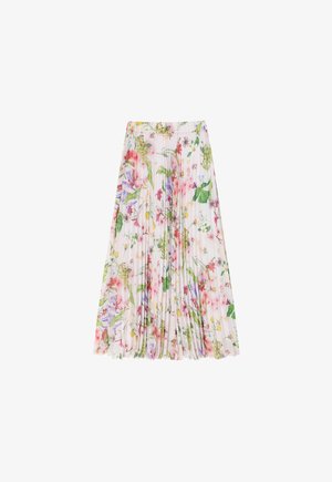 Gonna a pieghe floreale in tessuto leggero, caratterizzata da una combinazione di tonalità rosa, verde e viola. Scende sotto il ginocchio con una vita arricciata.