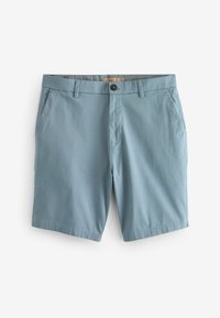 Hellblaue Shorts aus einem Baumwollmischmaterial. Verfügt über zwei Seitentaschen, einen Knopfverschluss vorne und eine subtile Textur. Normale Passform.