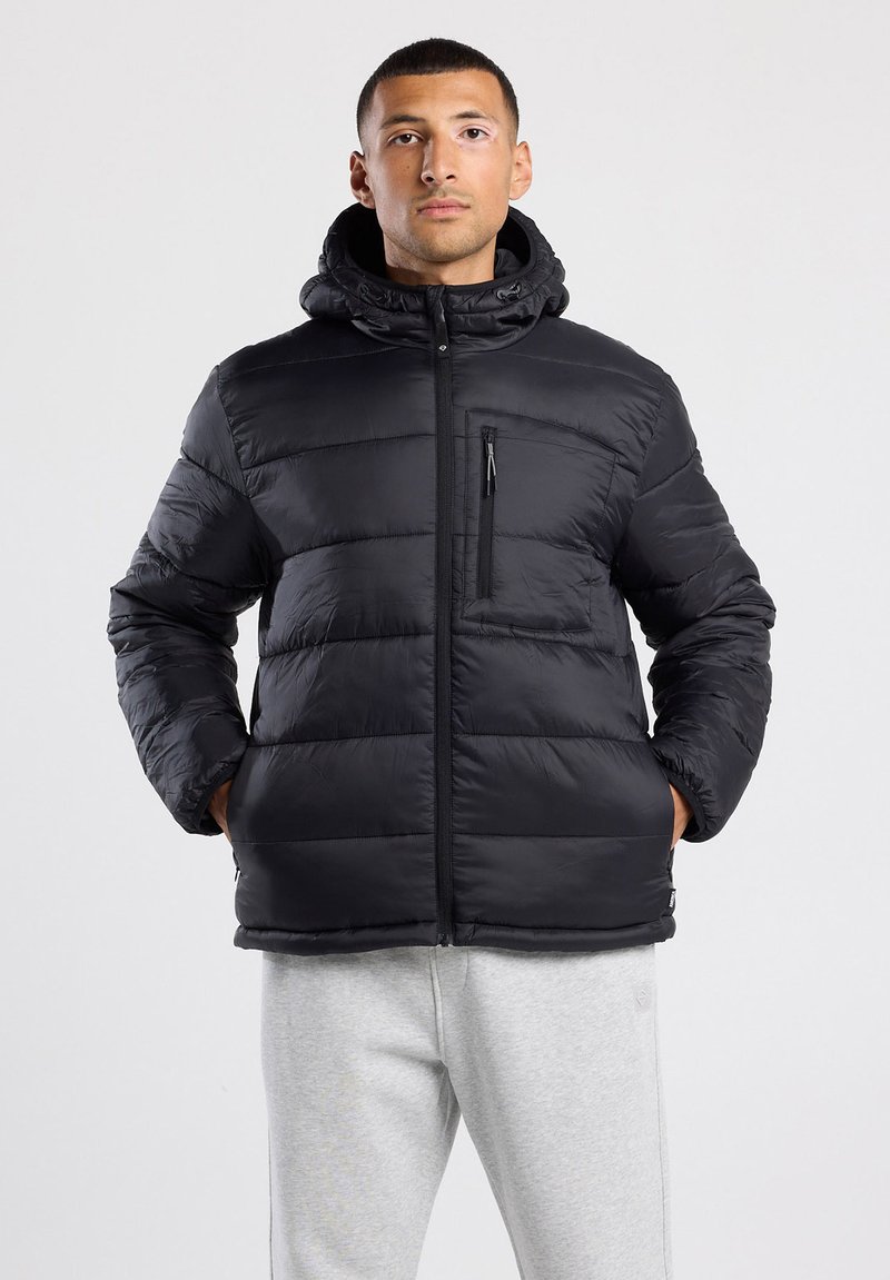 Black puffer jacket with a hood, featuring quilted sections, zippered chest pocket, and front closure. Smooth texture, lightweight material.