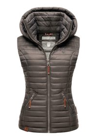 Vadderad väst i mörkgrått med huva. Har dragkedja, två sidfickor och läderdetaljer. Quilted struktur över hela plagget.