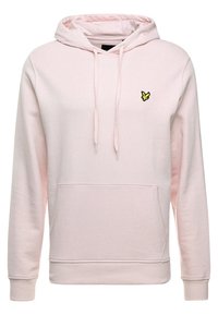 Hellrosa Kapuzenpullover mit einer Fronttasche, Kordelzügen und einem kleinen gelben Logo auf der Brust. Weiches Material mit entspanntem Schnitt.