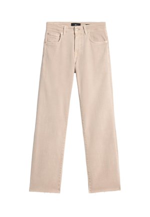 Jean beige à jambes droites avec bouton et fermeture éclair à l'avant, passants de ceinture, cinq poches et ourlets effilochés.