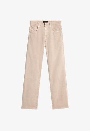 Jean beige à jambes droites avec bouton et fermeture éclair à l'avant, passants de ceinture, cinq poches et ourlets effilochés.