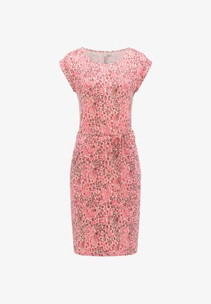 Kortermet kjole i rosa og brunt leopardmønster med rund hals og belte i midjen, knelengde, avslappet stil.