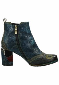 Stivale alla caviglia in tessuto blu con un motivo floreale decorativo, zip laterale e punta nera texturizzata. Presenta un tacco metallico dalle forme uniche.