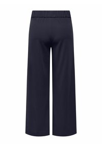 Marine wijde broek met een elastische tailleband, gemaakt van een gladde stof. Heeft een eenvoudig ontwerp zonder extra patronen of versieringen.