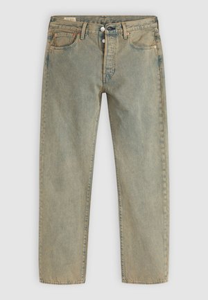 Light wash straight-leg jeans with front button closure, five pockets, belt loops, and copper rivet details.