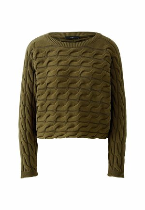 Khaki groene gebreide trui met een gestructureerd golvend patroon, ronde halslijn, lange mouwen en geribbelde boorden. Gemaakt van een zacht materiaal.