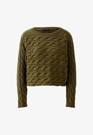 Khaki groene gebreide trui met een gestructureerd golvend patroon, ronde halslijn, lange mouwen en geribbelde boorden. Gemaakt van een zacht materiaal.