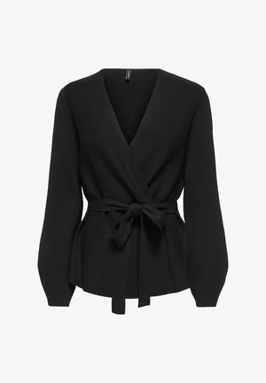 Musta kietaisutyylinen paita, jossa pitkät hihat, tehty pehmeästä kankaasta. Siinä on syvä V-kaula-aukko ja vyötäröllä säädettävä solmimisnauha.