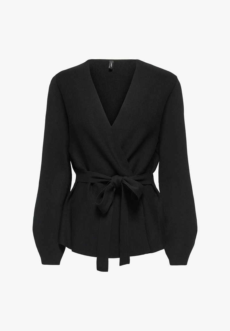 Haut noir style cache-cœur avec manches longues, confectionné dans un tissu doux. Présente un décolleté en V profond et une ceinture à nouer à la taille pour ajustement.