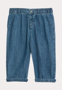 Jeans med elastisk midjeband, med knäppning, två sidofickor, raka ben och uppvikta fållar. Färg: medelblå.