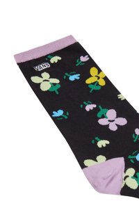 Sorte bomuldsstrømper med et blomstermønster i blå, gul, pink og grøn, med en lavendel manchet og et lille Vans-logo på siden.