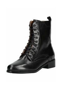 Bota negra de cuero hasta el tobillo con puntera redondeada, parte delantera con cordones y un tacón bajo en bloque. Presenta detalles de costura y un forro interior en tono marrón.