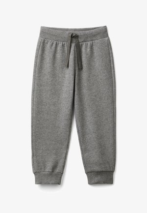 Graue Fleece-Jogginghosen mit geripptem Bund und Bündchen, ausgestattet mit einem Kordelzug für eine verstellbare Passform.
