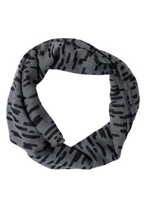 Écharpe infinity grise avec des motifs de rayures noires irrégulières, présentée à plat sur fond blanc.