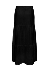 Jupe longue noire à volants avec taille élastique et tissu légèrement texturé.