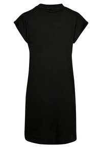 Schwarzes kurzärmeliges T-Shirt-Kleid mit rundem Ausschnitt, lockerer Passform und glatter Textur, das ein schlichtes Design ohne Muster oder Akzente aufweist.