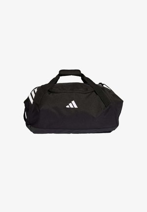 Borsa da viaggio nera Adidas con doppio manico, logo bianco sul davanti e tre strisce bianche su un lato.