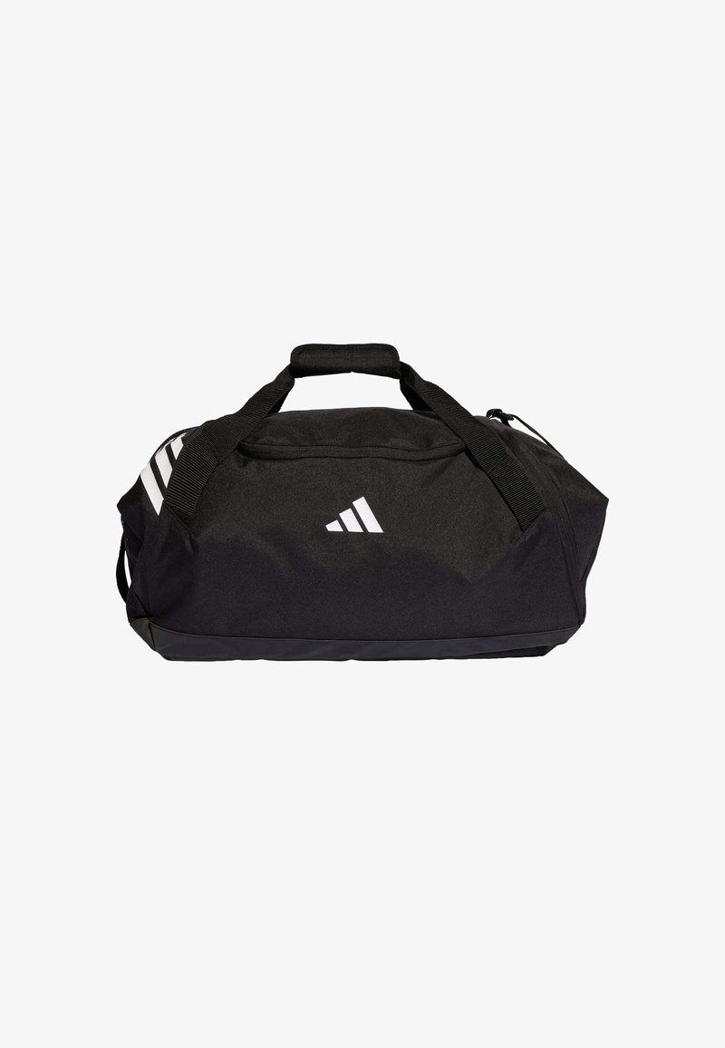 Bolsa de deporte Adidas negra con dos asas, logotipo blanco en el frente y tres rayas blancas en un lateral.