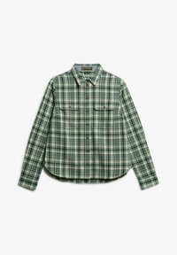 Groen-wit geruit overhemd met lange mouwen, knoopsluiting aan de voorkant en twee borstzakken. Heeft een gebogen zoom en een klassieke kraag.