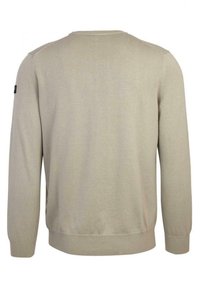 Maglione a maglia beige chiaro con scollo rotondo, maniche lunghe e polsini a costine. Presenta un piccolo logo sulla spalla sinistra. Texture liscia.