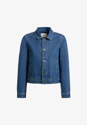 Blauwe denimjas met lange mouwen, knoopsluiting aan de voorkant, puntige kraag en twee zijzakken.