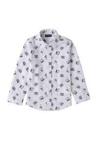 Camicia bianca con bottoni caratterizzata da un motivo di macchine fotografiche e cani in cartone animato. Maniche lunghe con polsini, realizzata in tessuto leggero.