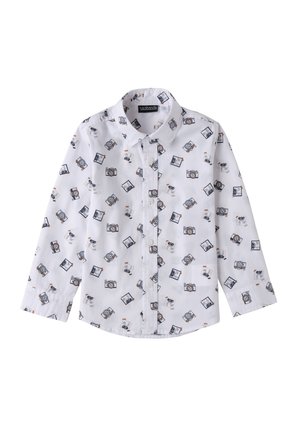 Weißes Button-Down-Hemd mit einem Muster aus Kameras und Cartoon-Hunden. Lange Ärmel mit Manschetten, aus leichtem Stoff gefertigt.