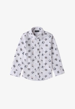 Weißes Button-Down-Hemd mit einem Muster aus Kameras und Cartoon-Hunden. Lange Ärmel mit Manschetten, aus leichtem Stoff gefertigt.
