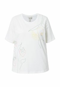 Hvid bomulds t-shirt med korte ærmer, prydet med farverige broderede motiver af jordbær og citrusfrugter langs den ene side.