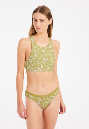 Groene gestippelde bikini set met een crop top met een ronde halslijn en bijpassende bikini slipjes met een lage taille en bloemmotieven.