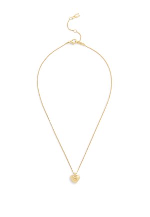 Gold chain necklace with a heart-shaped pendant featuring a small logo. Smooth surface, delicate link design, and adjustable clasp.