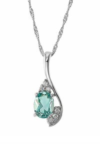 Collana d'argento con catena attorcigliata, con una pietra preziosa ovale di colore teal posizionata sopra un accento decorativo di piccole pietre trasparenti.