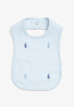 Bavetta azzurro chiaro per bambini con chiusura a scatto, con cinque piccoli loghi ricamati di giocatori di polo in tonalità di blu e bianco.