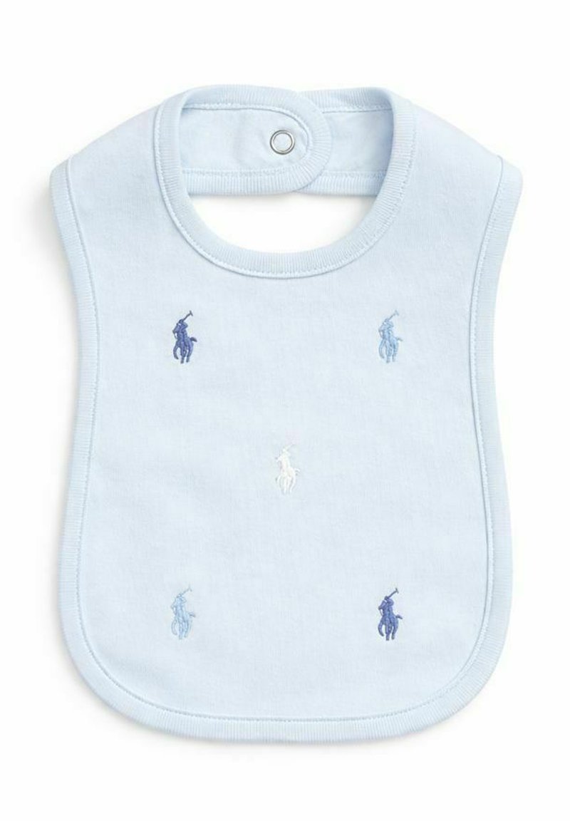 Lichtblauw slabbetje met druksluiting, met vijf kleine geborduurde polo-spelerlogo's in tinten blauw en wit.