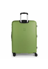 Valigia rigida verde a forma rettangolare, con accenti neri, manico telescopico e quattro ruote nere per una facile mobilità.